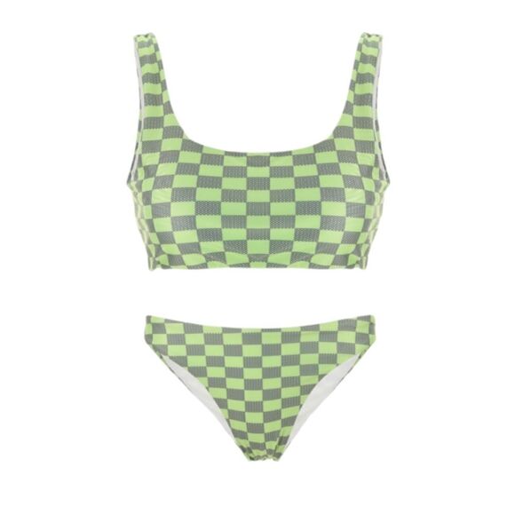 NEW Cider lime green checkered two piece cheeky bikini‎ swimsuit M - Picture 1 of 8